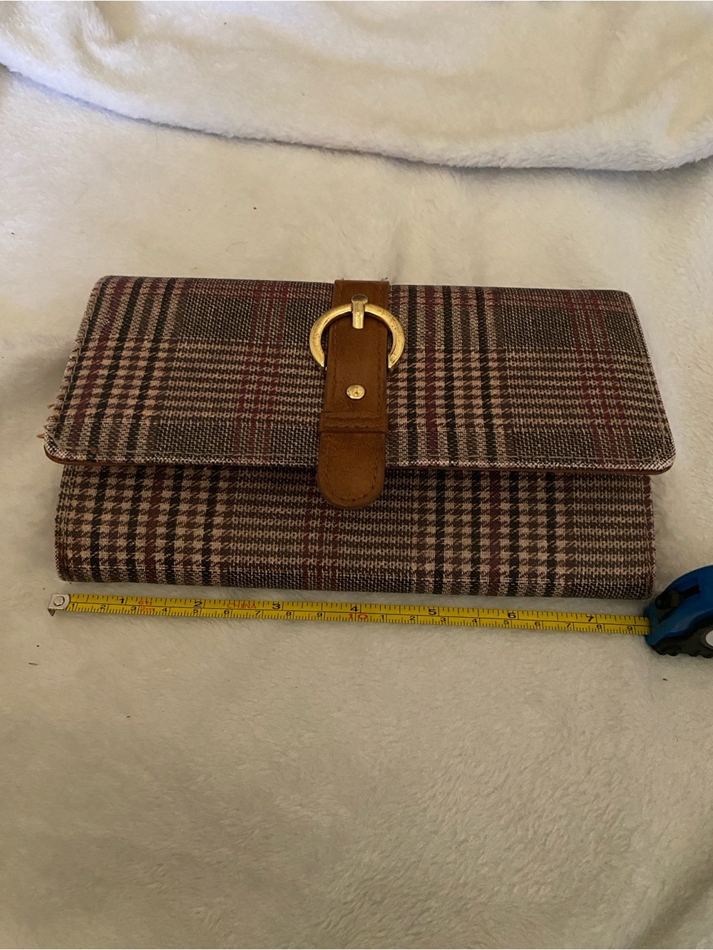 Plaid Foldover Clutch with Gold Buckle - Brown/Tan